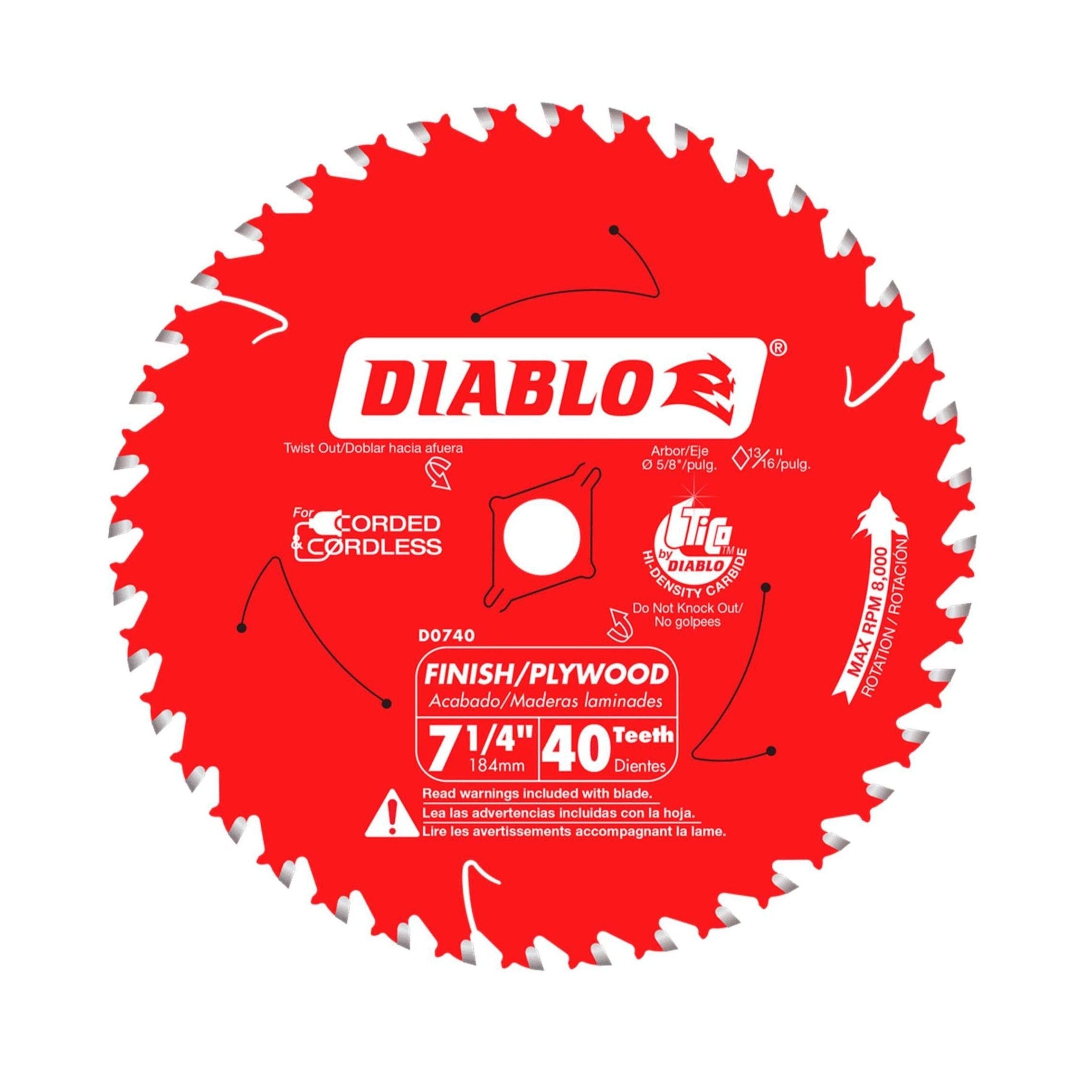The DIABLO D0740A saw blade is a red 7-1/4 in. circular blade with 40 teeth, ideal for cordless saws and cutting plywood. It features a Perma-SHIELD Non-stick Coating, directional arrows, safety warnings, and is designed as a finish saw blade for wood.
